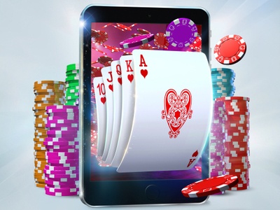 illustration of five suit cards popping out of a tablet with piles of poker chips around