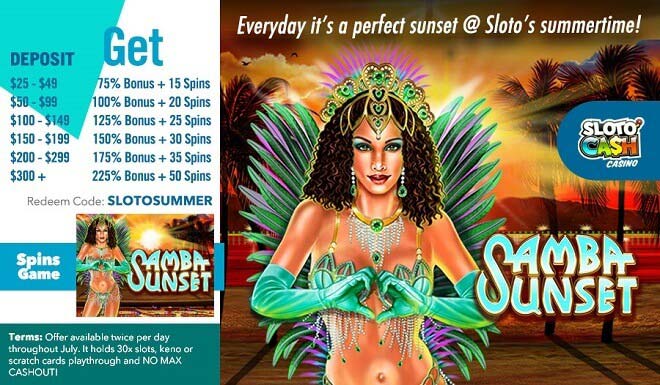 225% Match + 50 Free Samba Sunset Spins!