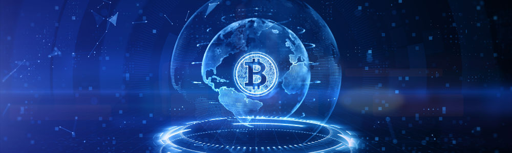 bitcoin cybercurrency in neon blue with a globe attached.