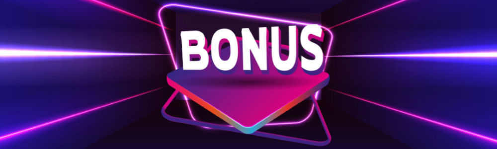 bonus sign with the word BONUS in white letters with background in pink and purple neon. 