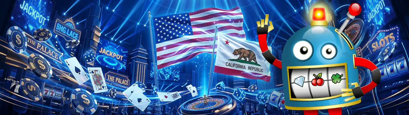 Colorful casino scene with a California flag, U.S. flag, slot machine character, roulette wheel, playing cards, dice, and jackpot signs.
