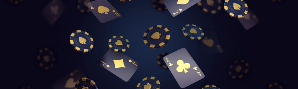 Black and gold blackjack cards and chips floating around