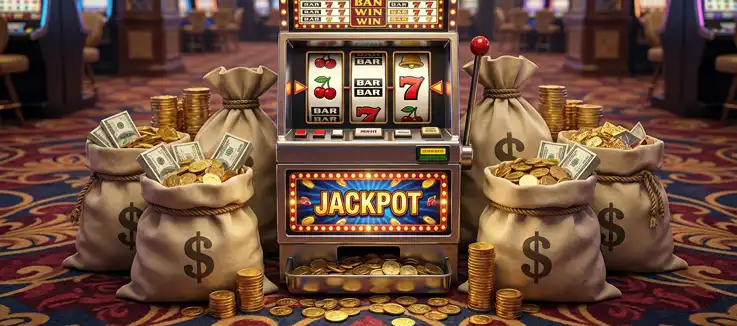 Slot machine with money bags around it 