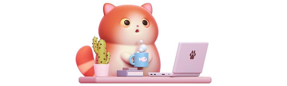 drawing of a chubby cat holding a mug while on a laptop