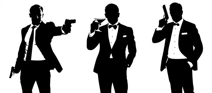 Silhouettes of man with a gun and drinking a cocktail James Bond style