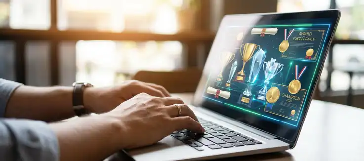 Person typing on a keyboard with images of trophies and awards