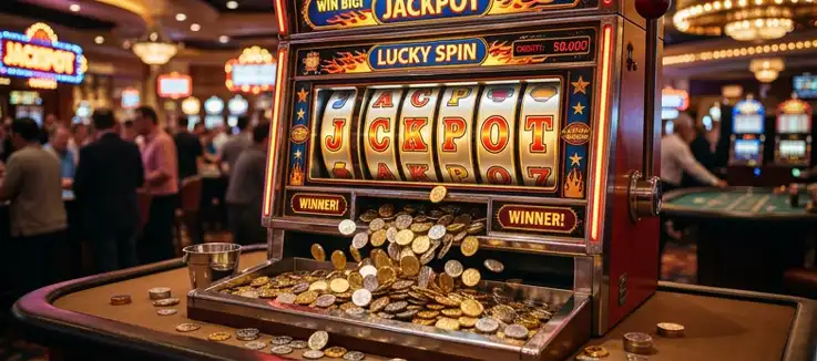 Slots reels spelling out JACKPOT and coins spilling out from under the reels