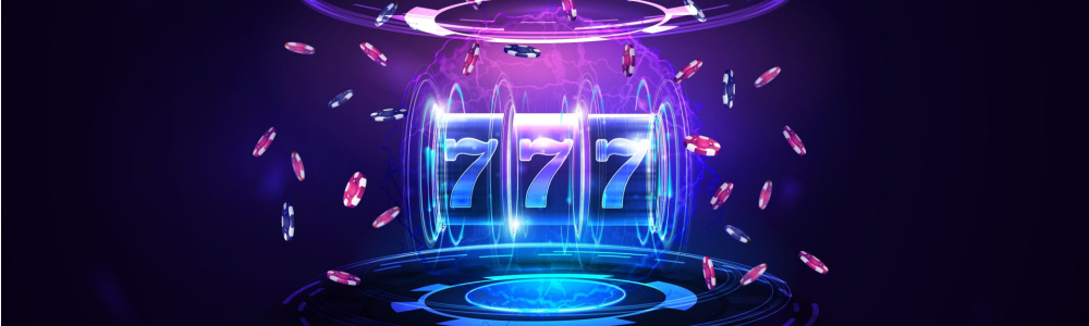 hologram of lucky 7s spinning on slot reels with chips flying around