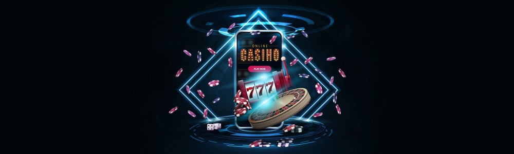 mobile phone with an online casino on it with chips flying around on a blue neon background