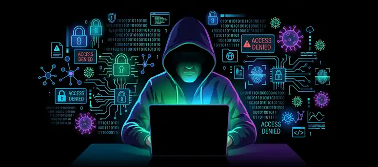 digital icons surround image of a hacker