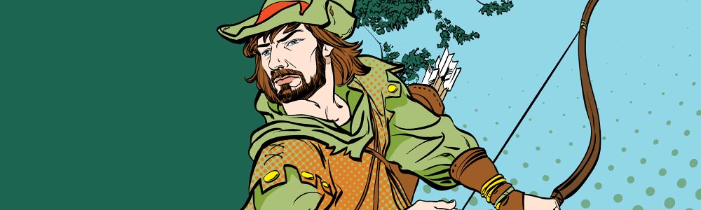 illustration of Robin Hood with his bow and arrow in the forest