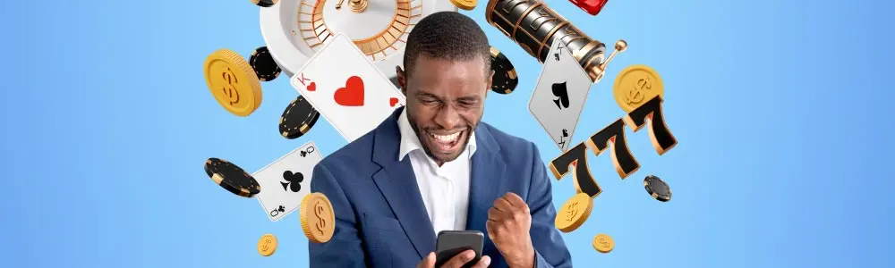 man on his mobile with images of big wins floating around