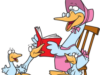 cartoon Mother Goose reading to little goose children
