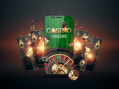 Casino Online and a roulette wheel on a mobile phone and four other phones each showing an Ace card