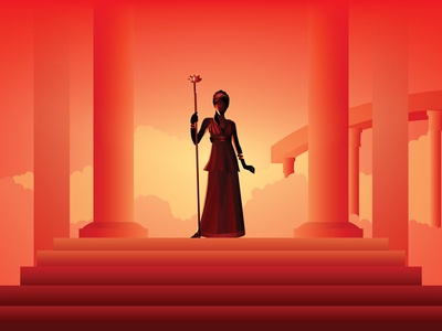 image of a Greek goddess standing between pillars on a sun-setting background 