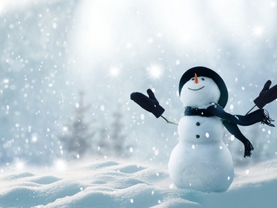 happy snowman with his hands up to the skies