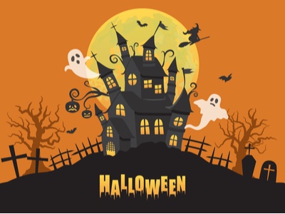 illustration of a haunted house with the word Halloween