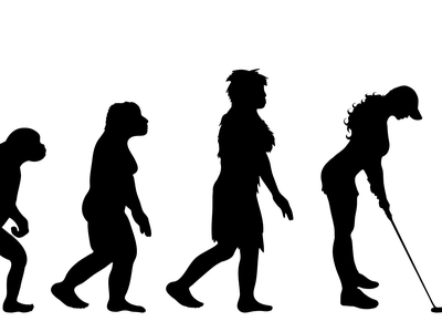 silhouettes of apes to modern woman playing golf 