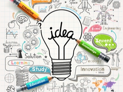 a drawing of a light bulb with the word IDEA inside on a background of words about ideas, thinking, inventing, etc.