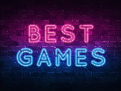 the words "Best Games" in neon lights on a dark blue background